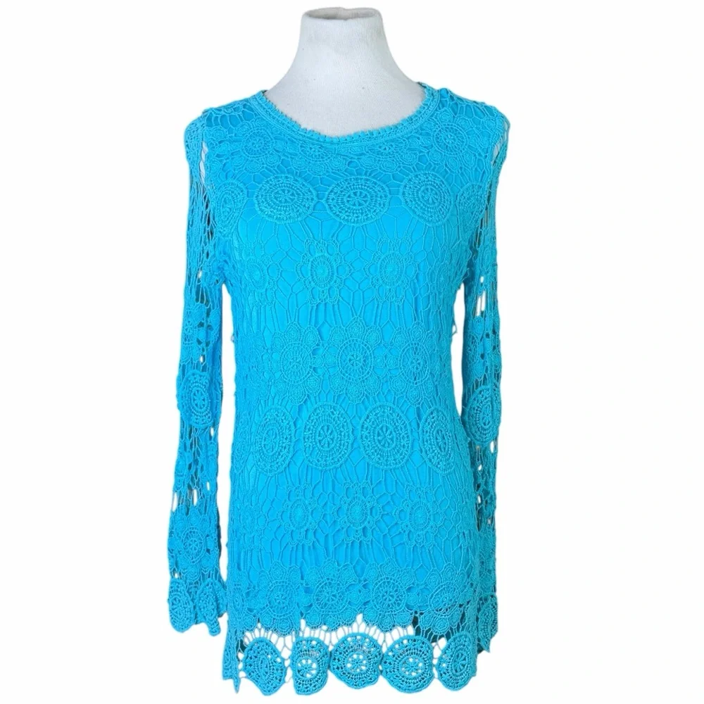 Joseph A. Electric Blue Floral Open Crochet Long Sleeve Blouse - Size Medium